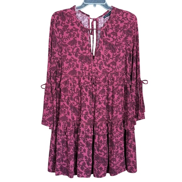 American Eagle Purple BoHo Print Ruffle Tier Tassel Tie Flutter Sleeve Dress S - Picture 5 of 14